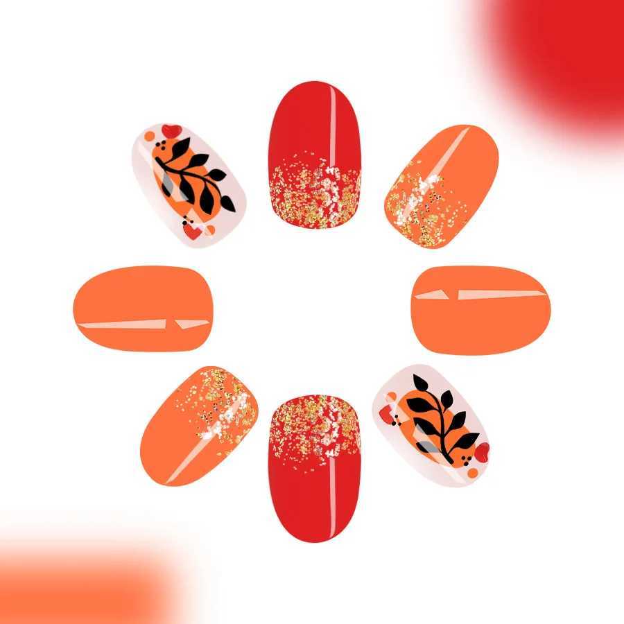 24 Smooth Short Almond Fake Nails - Black Orange Gradient Press on Nails Gold Shining Lines and Leaf Design Fake Nails W240905