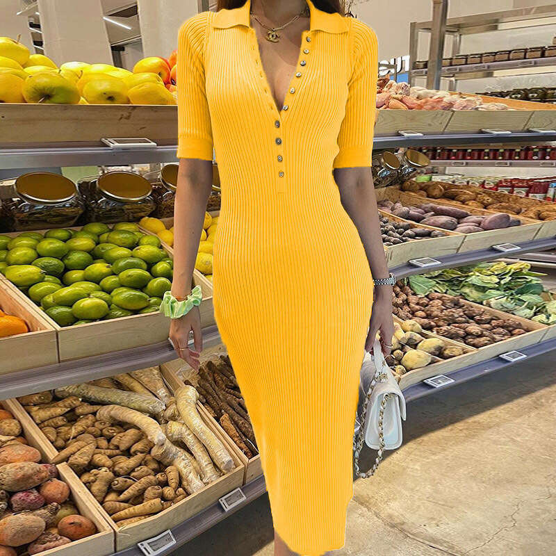 Spring and Summer Temperament Commuter Fashion Simple Mid length Solid Color Button Casual Dress Women