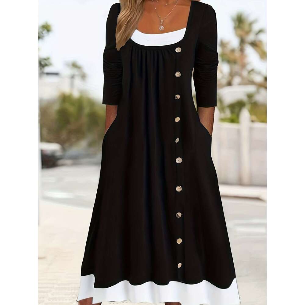 2023 new loose women's casual dress straight tube solid color button pocket square neck mid length