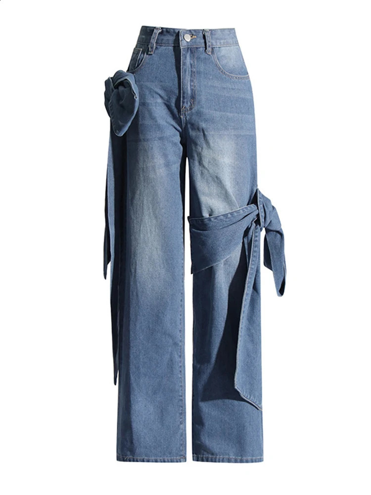 Autumn Womens Jeans Y2k Three way Bow Decorative Wide Leg Jeans Retro Loose Straight Pants 240906