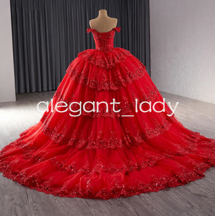 Luxury Sparkly Red Princess Quinceanera Dresses Gillter Applique Tiered Off Shoulder Corset vestidos de 15 anos quinceaneras