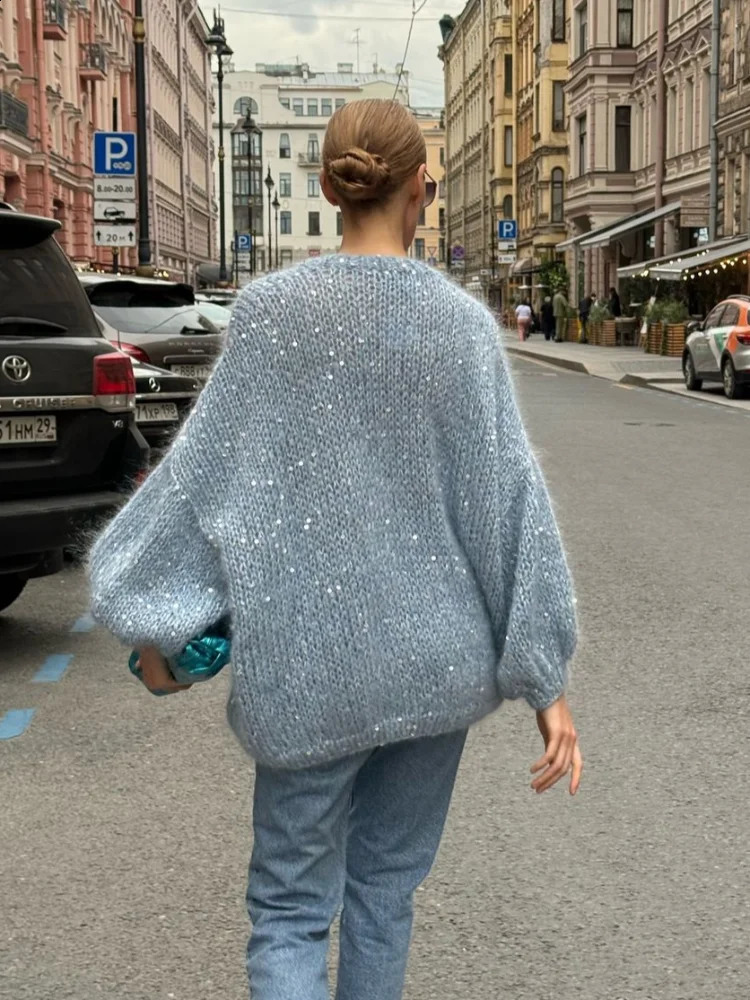 Elegant Shiny Fluffy Mohair Womens Sequin Cardigan Loose V Neck Lantern Sleeves Single Breasted Coats Female Chic Knitwear 2024 240905