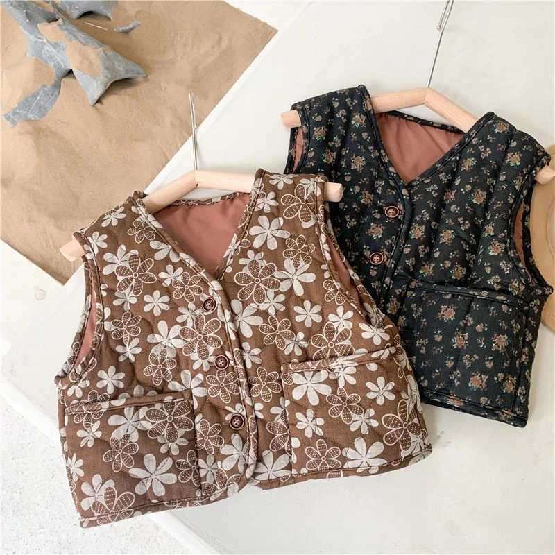 Girls Floral Vest 2022 Autumn and Winter Fashion Childrens Quilted Vest All-match Girl Baby Flower Retro Vest Warm Cotton Vest Y240906