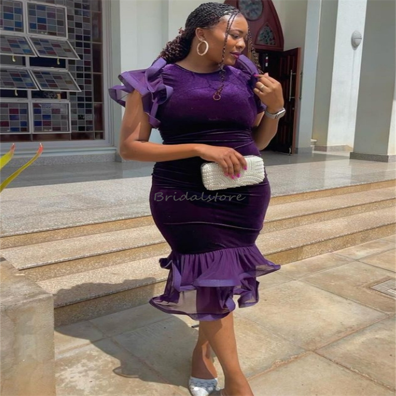 Nigerian African Purple Prom Dresses Elegant O Neck Ruffle Velvet Evening Dress Holiday Dinner Formal Party Wear Birthday Dress vestidos de gala 2025 