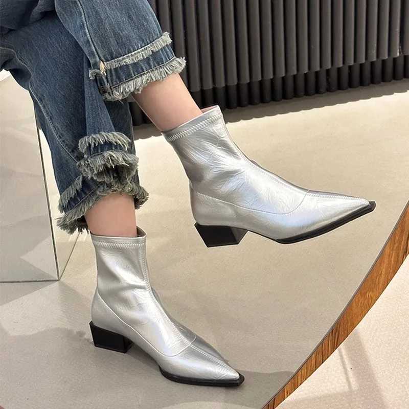 2024 New Womens Ankle Boots Spring/Summer Fashion Pointed Toe Womens Short Boots Slip on Square Low Heel Womens Boots CL240906
