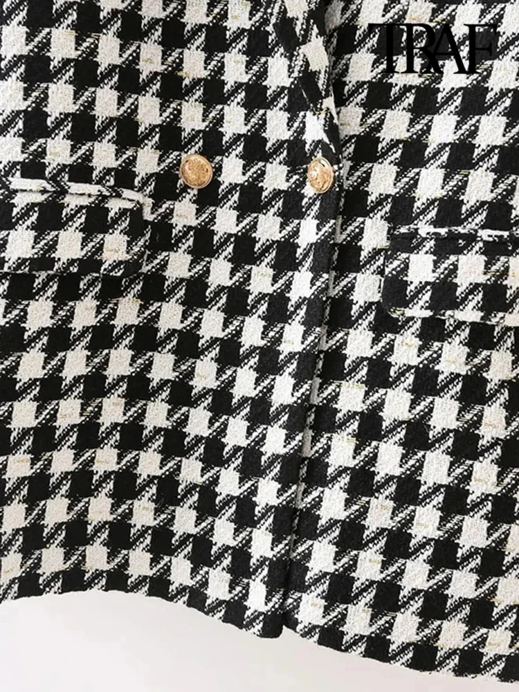 TRAF Women Fashion Houndstooth Tweed Blazer Coat Vintage Long Sleeve Flap Pockets Female Outerwear Chic Veste Femme 240904