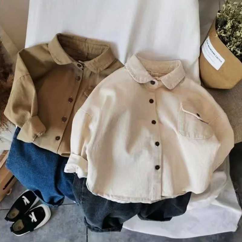 Kid Shirts Children Shirt 2023 Spring and Autumn Boy Korean Version of Retro Solid Color Shirt Baby Casual Long-sleeved Coat Y240906