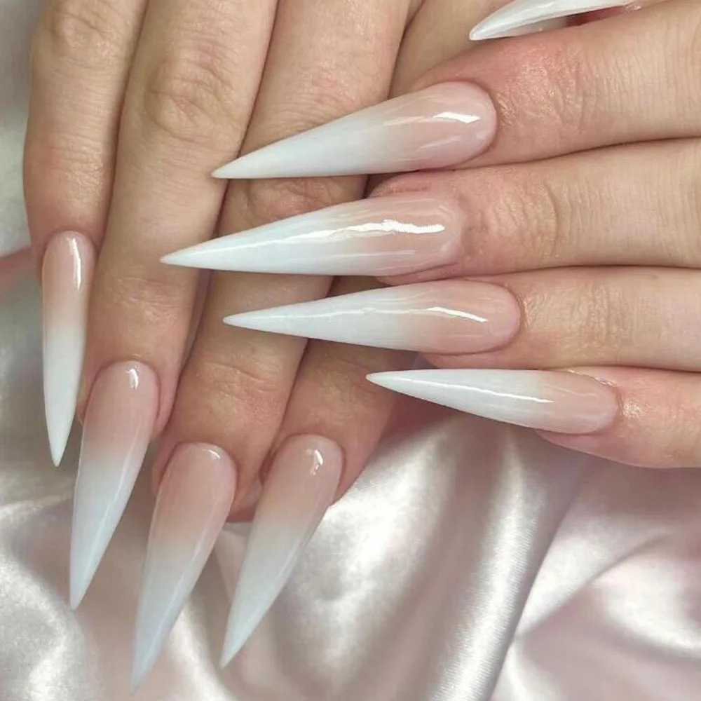 24pcs almond fake nails with amber stripe design can be worn in long and thin high-heeled shoes fake nails blue French full cover decorative nails W24