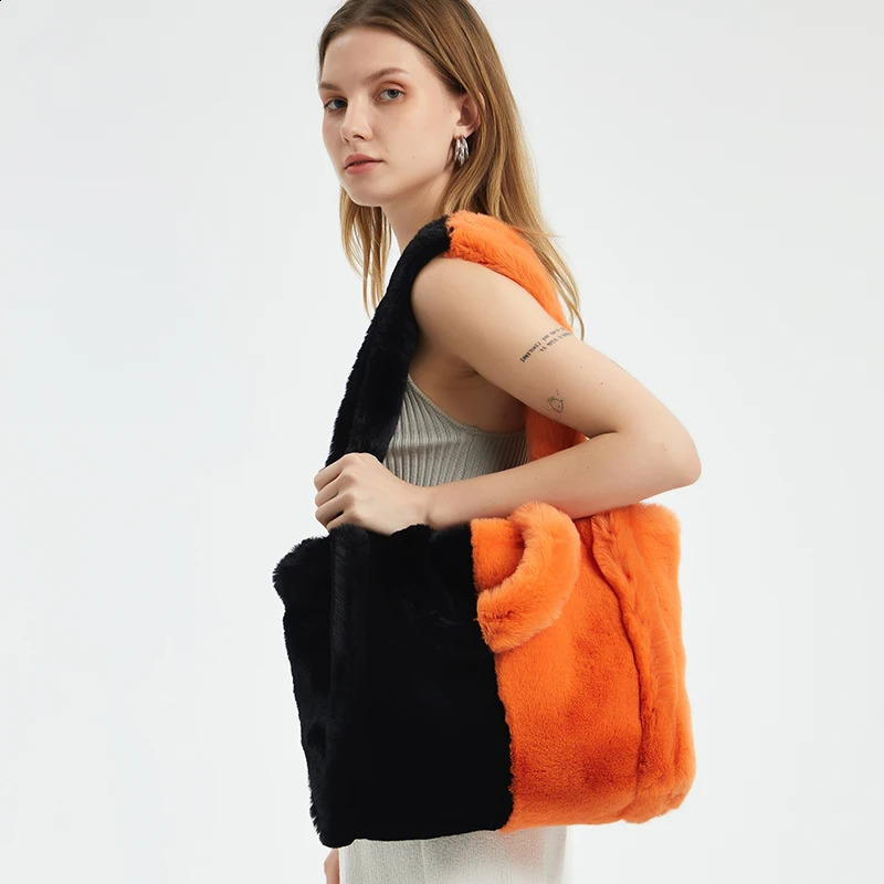 y plush handbag womens patch work winter faux fur shoulder bag fashionable shopping student backpack 240906