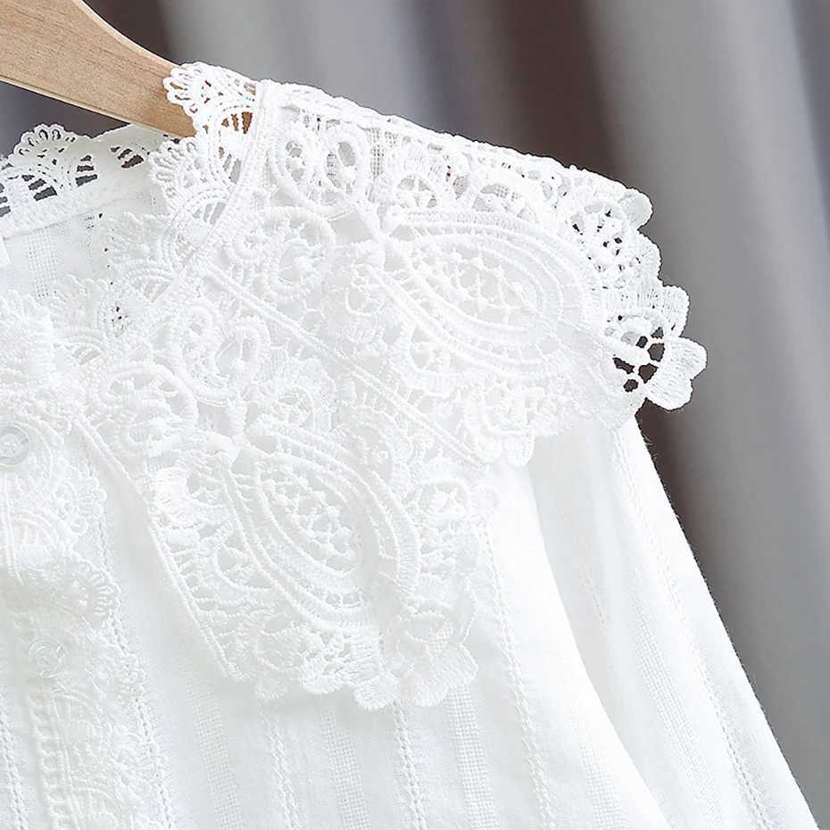 Girls White Blouse Lace Floral Blouse For Girl Long Sleeve Children Blouse Casual Style Teenage Clothes For Girls 6 8 10 12 14 Y240906