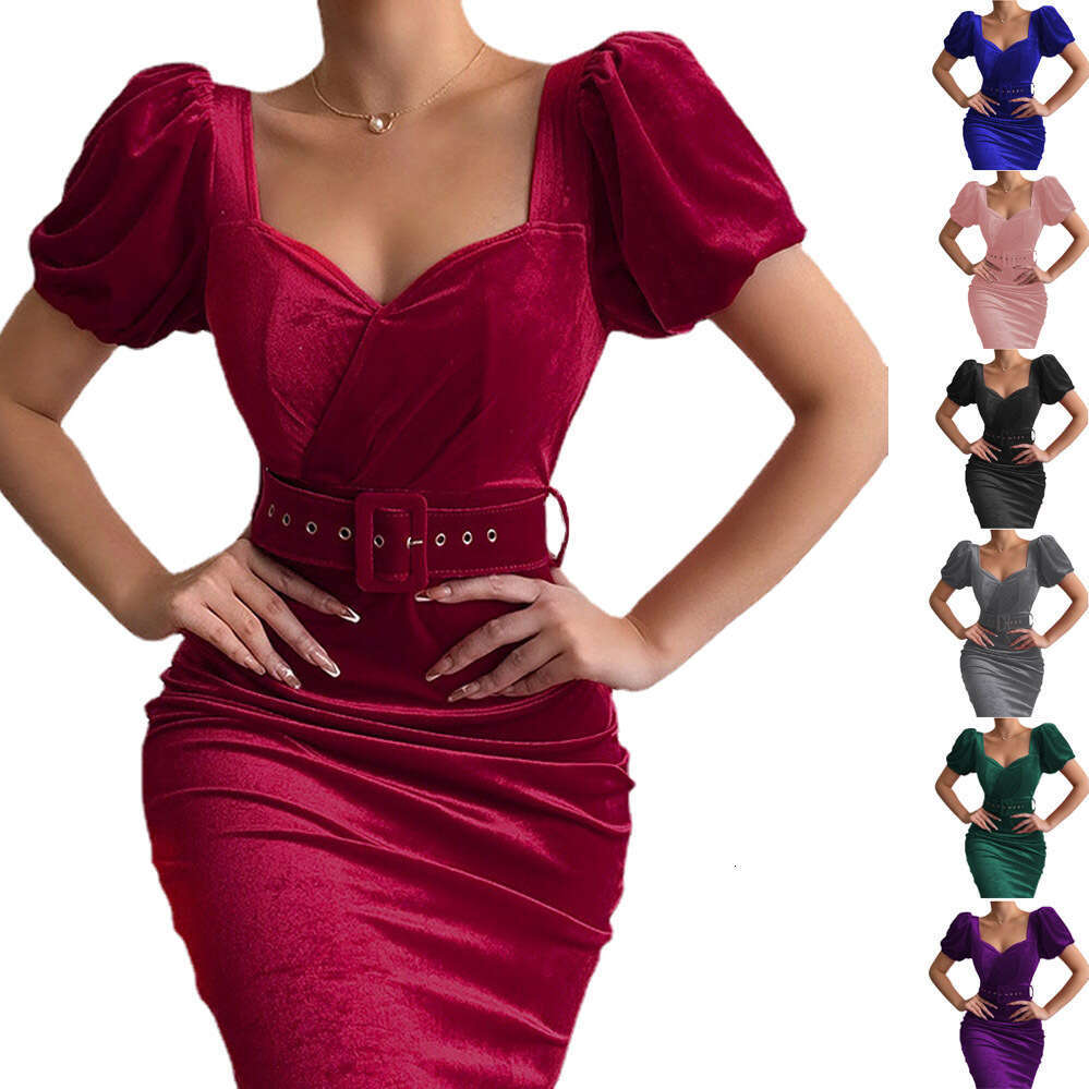 2023 Spring New Solid Color Tunic Waist Show Chest Sexy Low Neck Bubble Sleeves Velvet Wrap Hip Dress