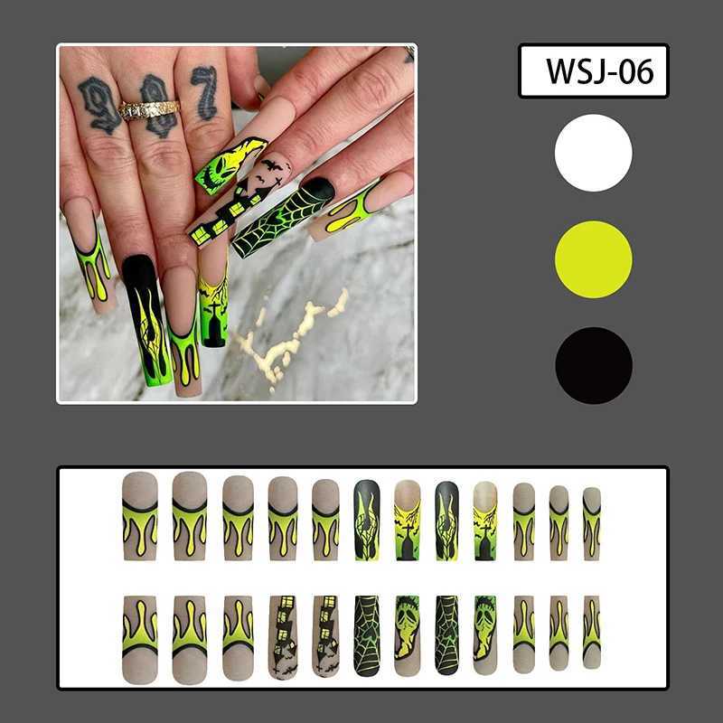 24 Halloween pressed long brown matte fake nails yellow green gradient ghost castle spider web flame fake nails W240905