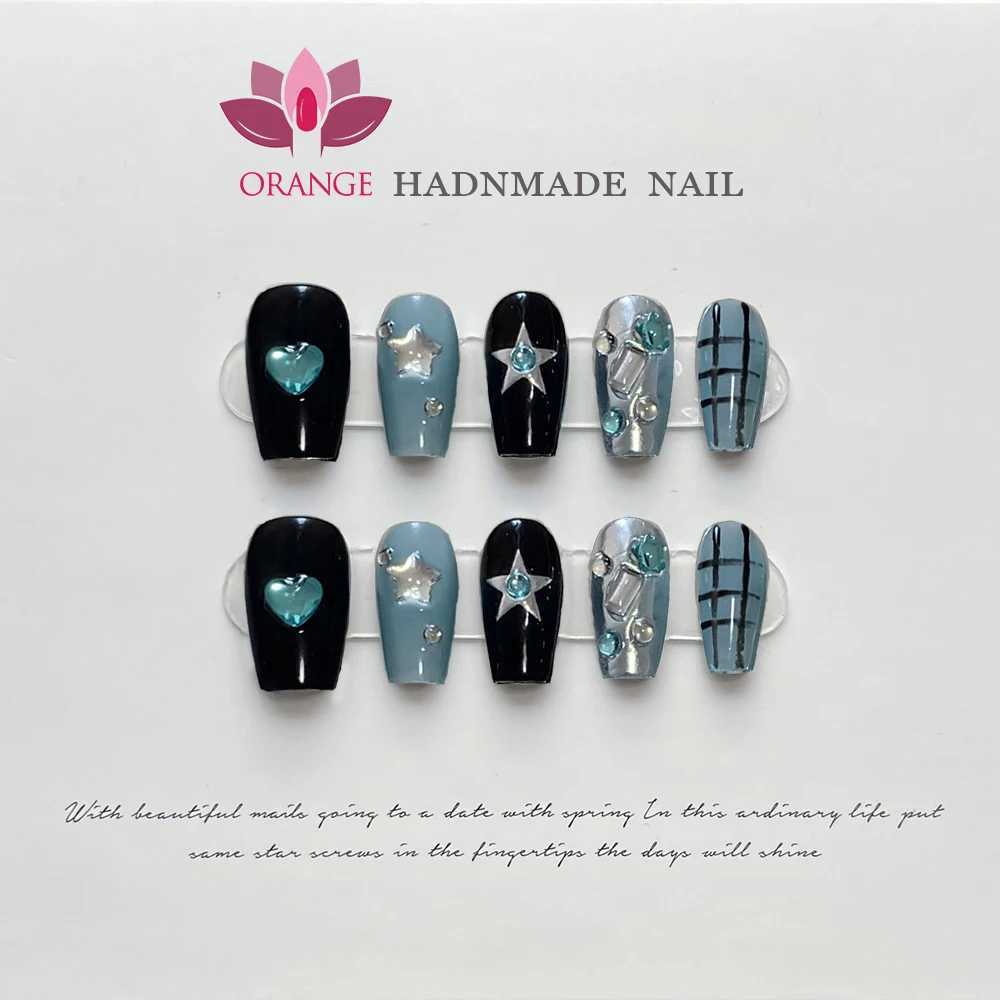 Handmade Korean Blue Pressing Nail Cute Reusable Decorative Fake Nail Full Cover Artificial Handmade Wearable Orange Nail Shop W240905