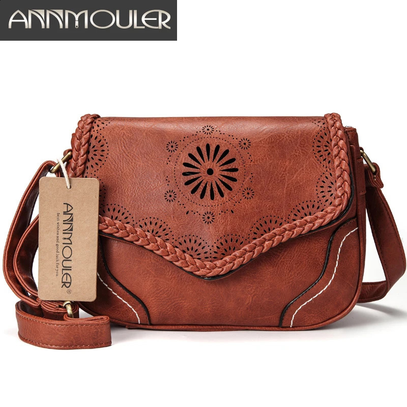 Annmouler womens shoulder bag retro Pu leather cross body hollow handbag brown 240906