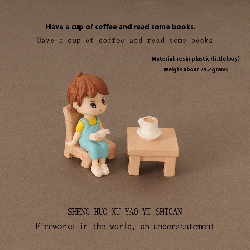 Micro landscape scene leisurely afternoon tea OB11 mini reading boy and girl coffee cup office desktop decoration