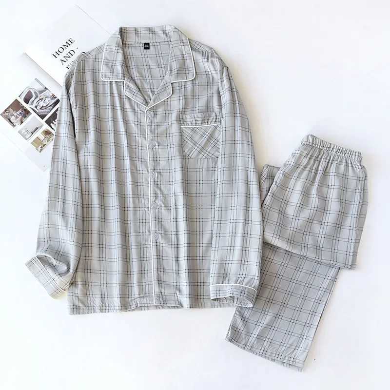 New spring and autumn mens 100% viscose pajamas long-sleeved trousers summer thin cotton plaid home service two-piece suit men Y240906