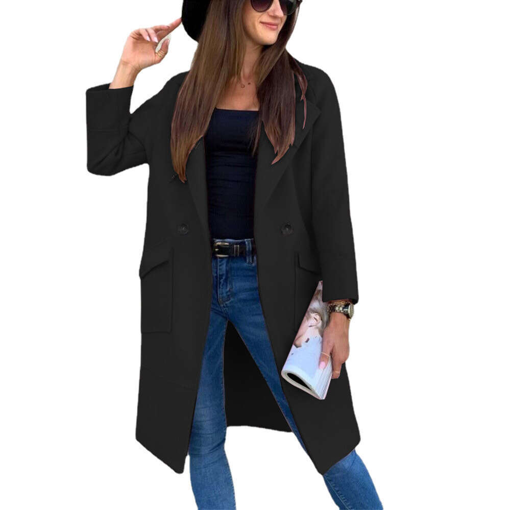 2024 new autumn and winter solid color long sleeved suit collar button pocket woolen coat