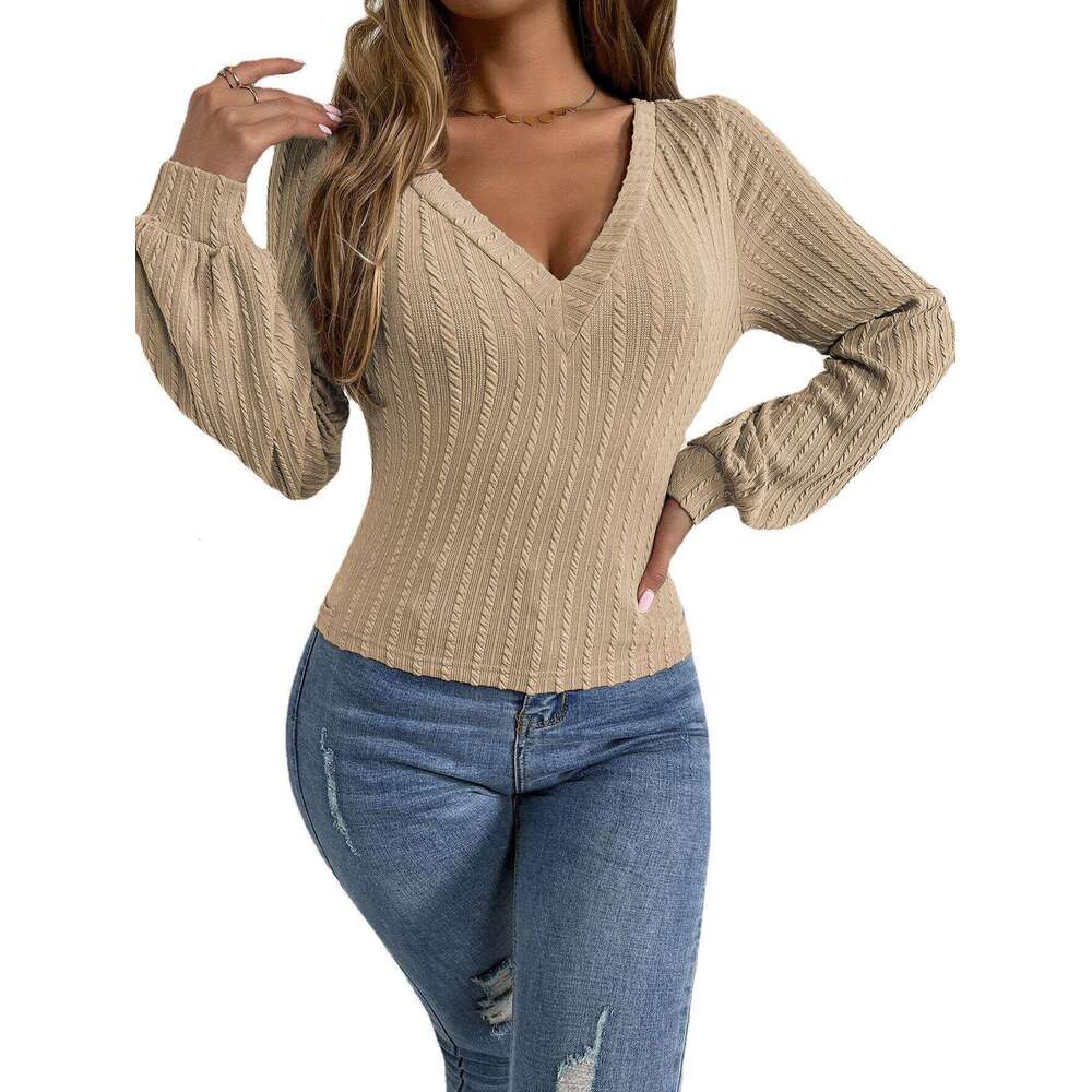 2024 Women's New V-neck Bubble Slim Fit Commuter Fried Dough Twists Knitted Long Sleeve T-shirt Top
