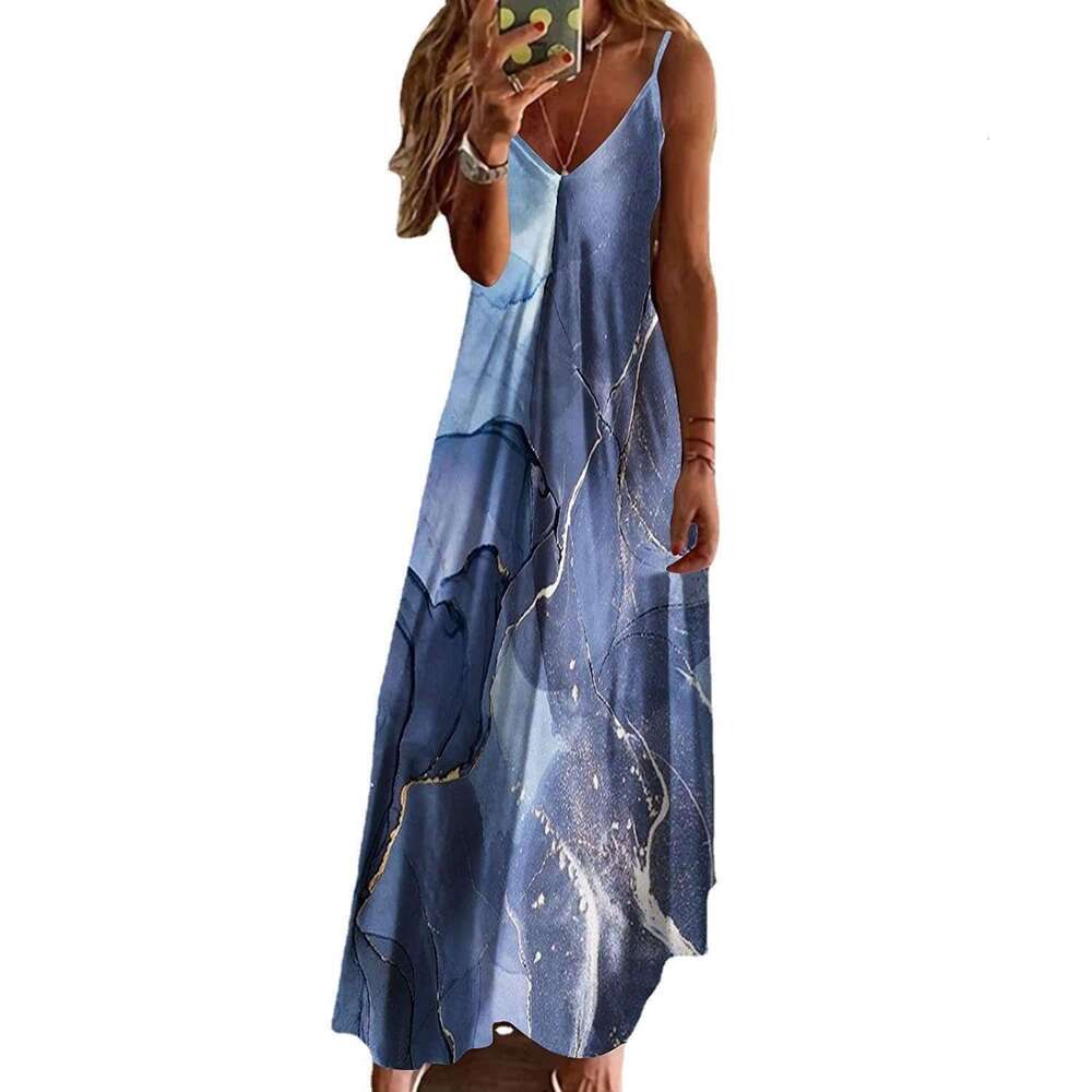 2023 Women's Summer V-neck Sexy A Edition Positioning Printed Long Loose Large Strap Dress