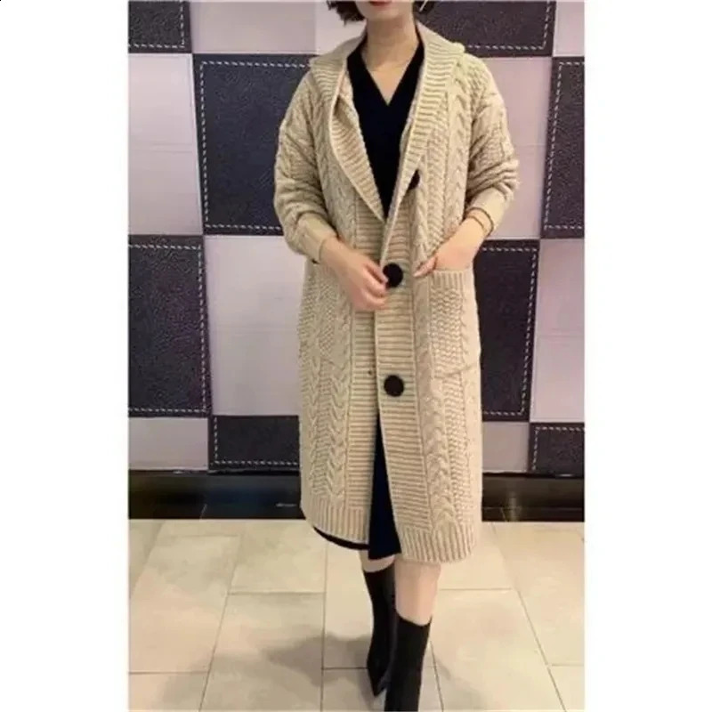Autumn jacquard twisted hooded cardigan womens long single chest knitted M5XL 240905