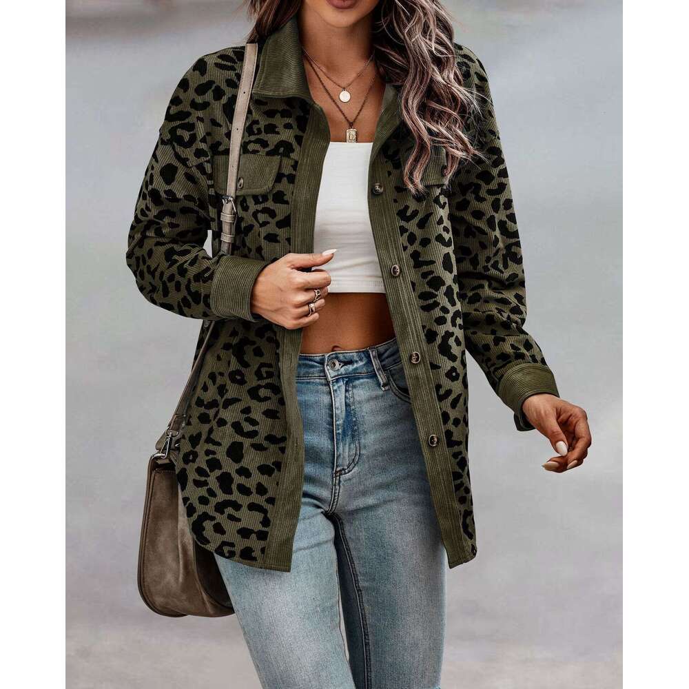 2024 new women's autumn and winter fashion leopard print button long sleeved jacket for women