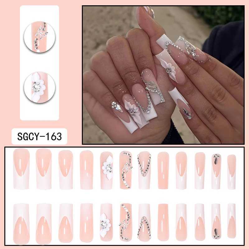 24 long coffees with French patterns flowers butterfly dots sparkling fake diamonds 1 nail file and 1 piece of jelly glue W240905