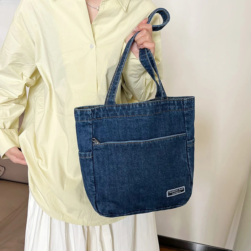 denim personalized large capacity bag fashionable and casual shoulder college student commuting tote 240906