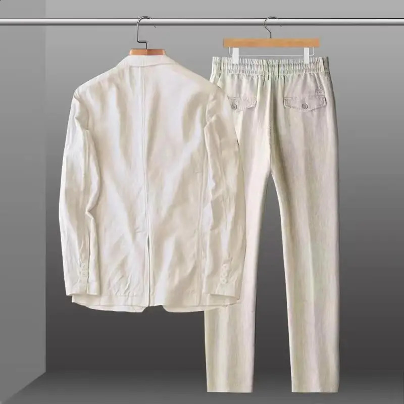 Spring and summer fashion mens linen two-piece jacketpants solid slim fit casual business thin jacket breathable set 240903