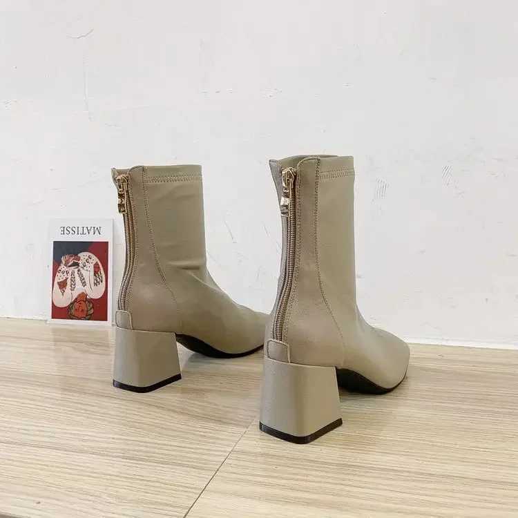 New winter square toe womens zipper ankle boots elegant thick high-heeled short boots for women Botas De Mujer 2024 CL240906