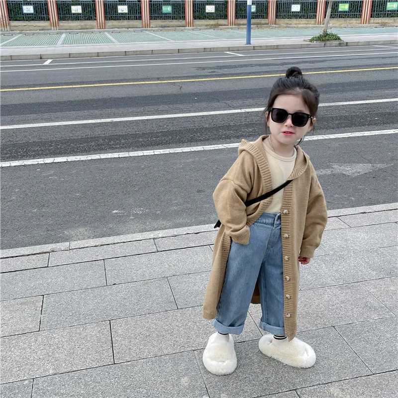 2024 Spring New Korean Children Wear Girls Long Knitted Woolen Coat with Leisure and Western Style Hooded Cardigan Coat TrendyY240906