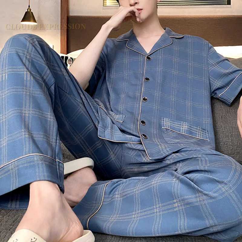 Summer Knitted Plaid Mens Pyjamas Plus 4XL Pajama Sets Casual Pjs Lounge Masculine Sleepwear Nightwear Pijamas Homewear Fashion Y240906
