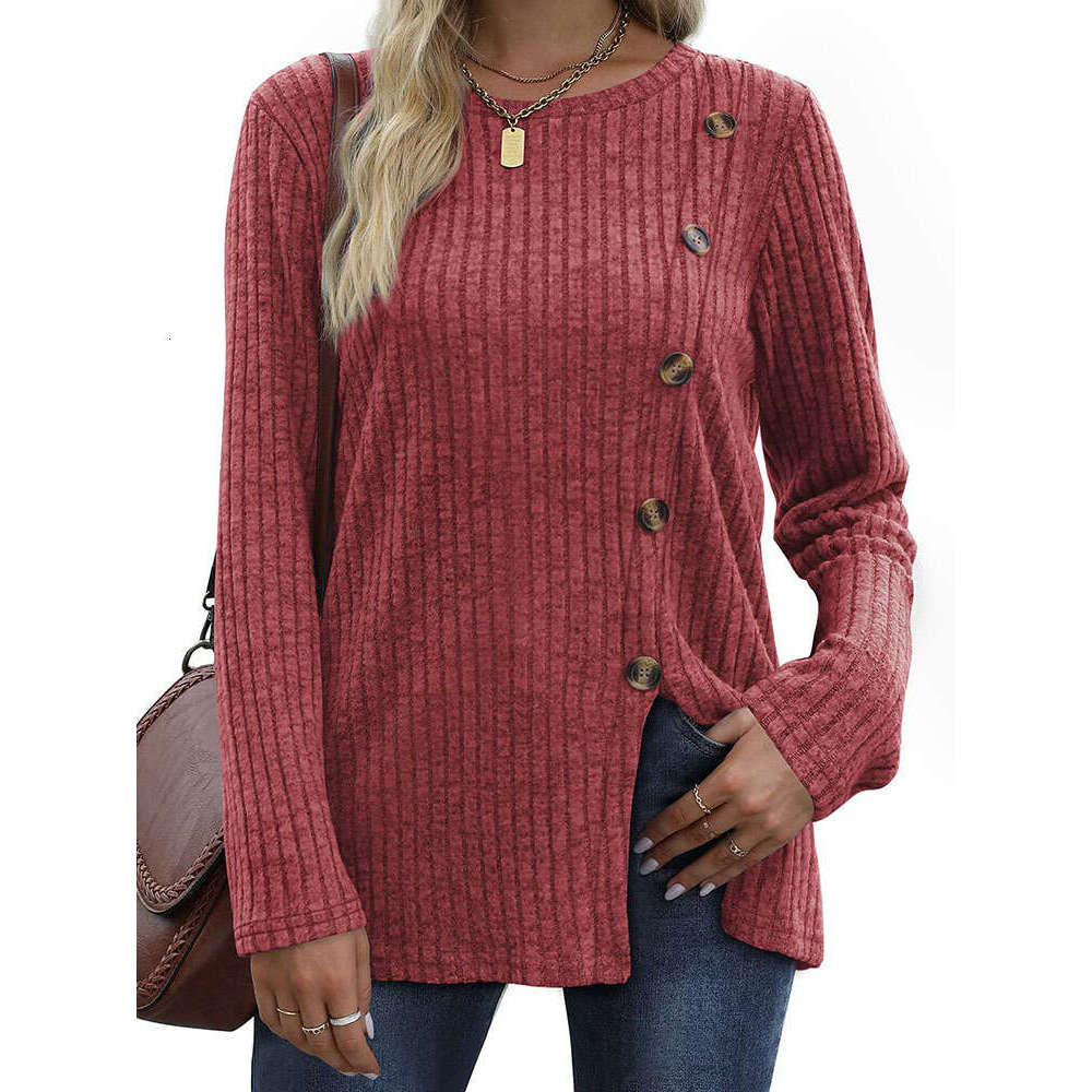 Button up women new fashionable autumn casual solid color long sleeved T-shirt for women