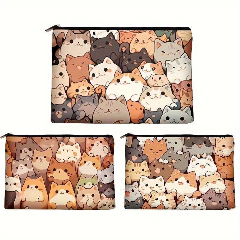 Fashion cartoon cat printed clutch bag portable zipper makeup bag linen fabric travel storage bag W240905