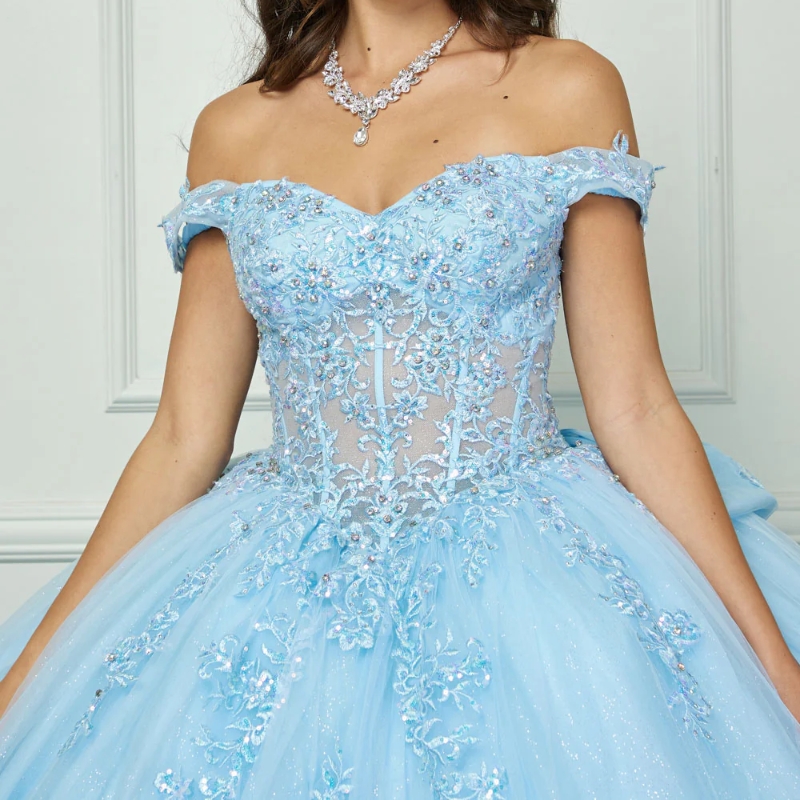 Sky Blue Quinceanera Dresses Ball Gown Applique Lace Beading Crystals Bow Tull Corset Sweet 16 Dress Vestido De 15 Anos