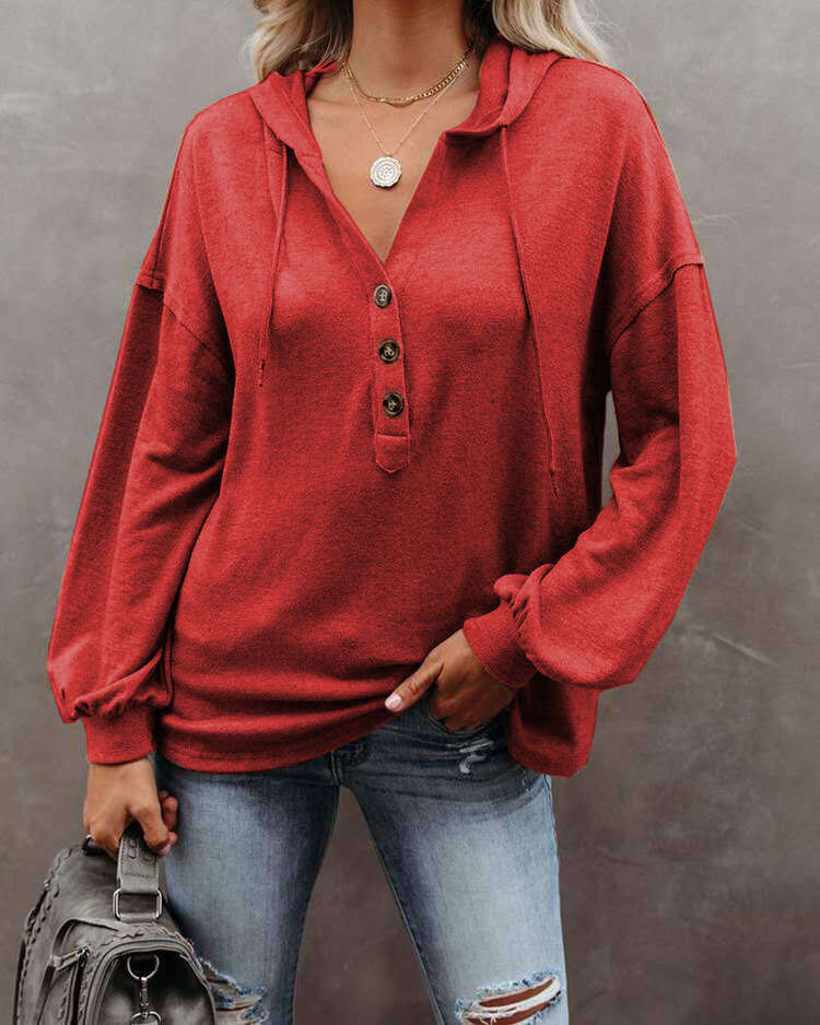 Spring 2024 New Women's Button Open Casual Loose Solid Color Hoodie