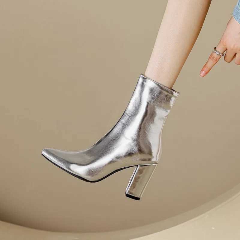 Autumn and Winter New Fashion High Heels Womens Boots Gold Silver Sexy Party Square High Heels Womens Boots Size 34-46 CL240906