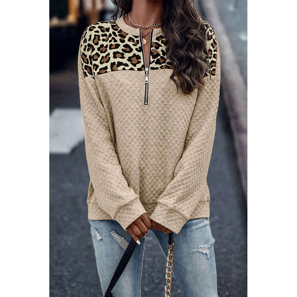 Fashion winter new leopard print patchwork shoulder zipper sweatshirt 2024 casual warm long sleeved top for women