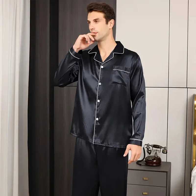 Spring Autumn Mens Pajama Sleep Set Long Sleeve Shirt pant Pijamas Suit Loose Casual Ice Silk Trouser Suits Homewear Loungewear Y240906