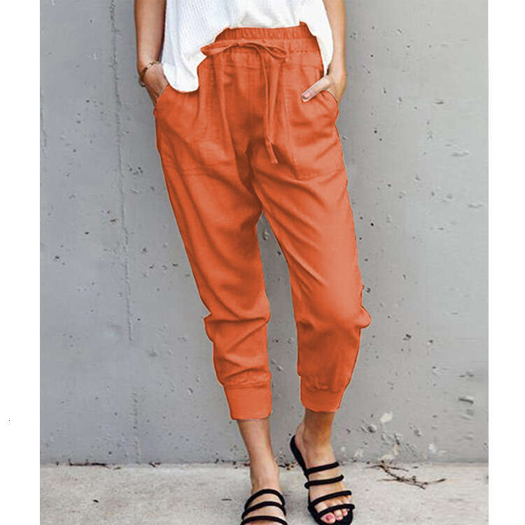 Summer New Cotton Hemp Solid Color Simple Lace up Casual for Women's Slim Fit and Slimming 9-inch Small Feet Pants