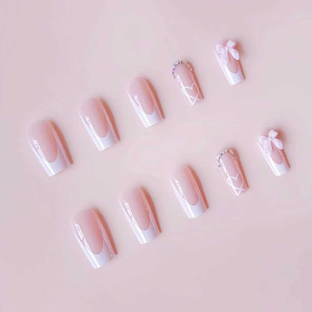 24 pieces/box Pink Bow Fake Nail Love Color Diamond Handmade Nail Set Press French V-shaped DIY Nail Art Decoration W240905