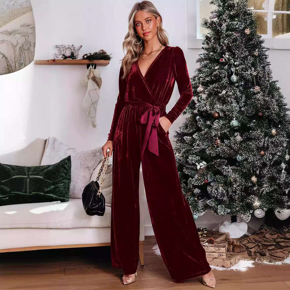 2024 new solid color long sleeved jumpsuit V-neck fashionable and elegant straight leg pants
