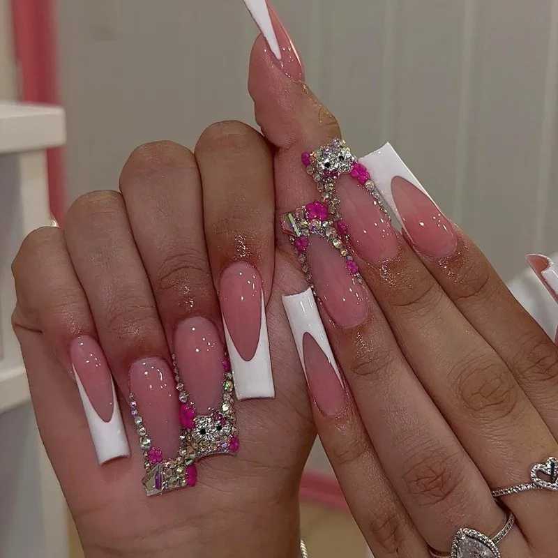 24pcs/set of Y2K fake nail art featuring Hellokity Rhinestone French white border design wearable long fan-shaped nail tips handmade patches W240905