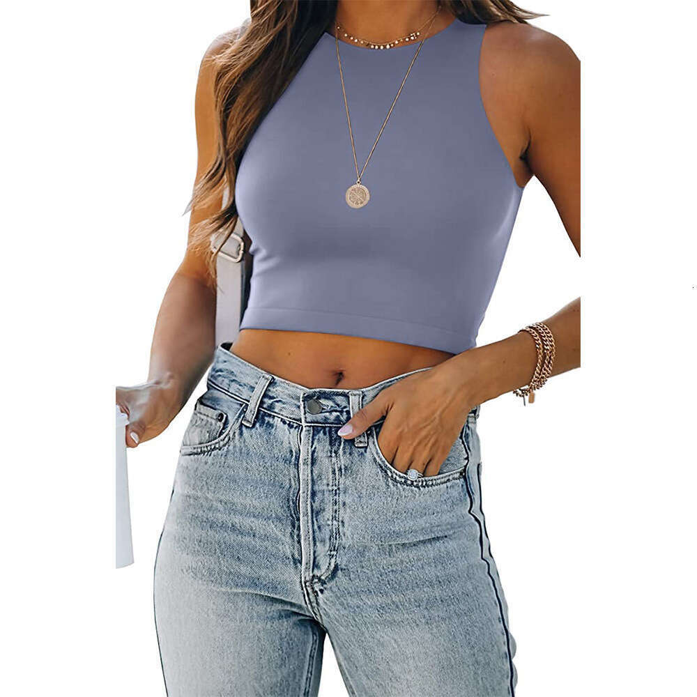 2024 Summer New Sleeveless Round Neck I-shaped Short Solid Color Tank Top T-shirt for Women
