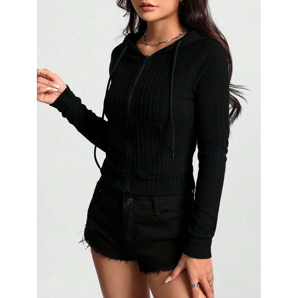 New striped women's top casual loose zipper cardigan long sleeved hooded knitted sweater