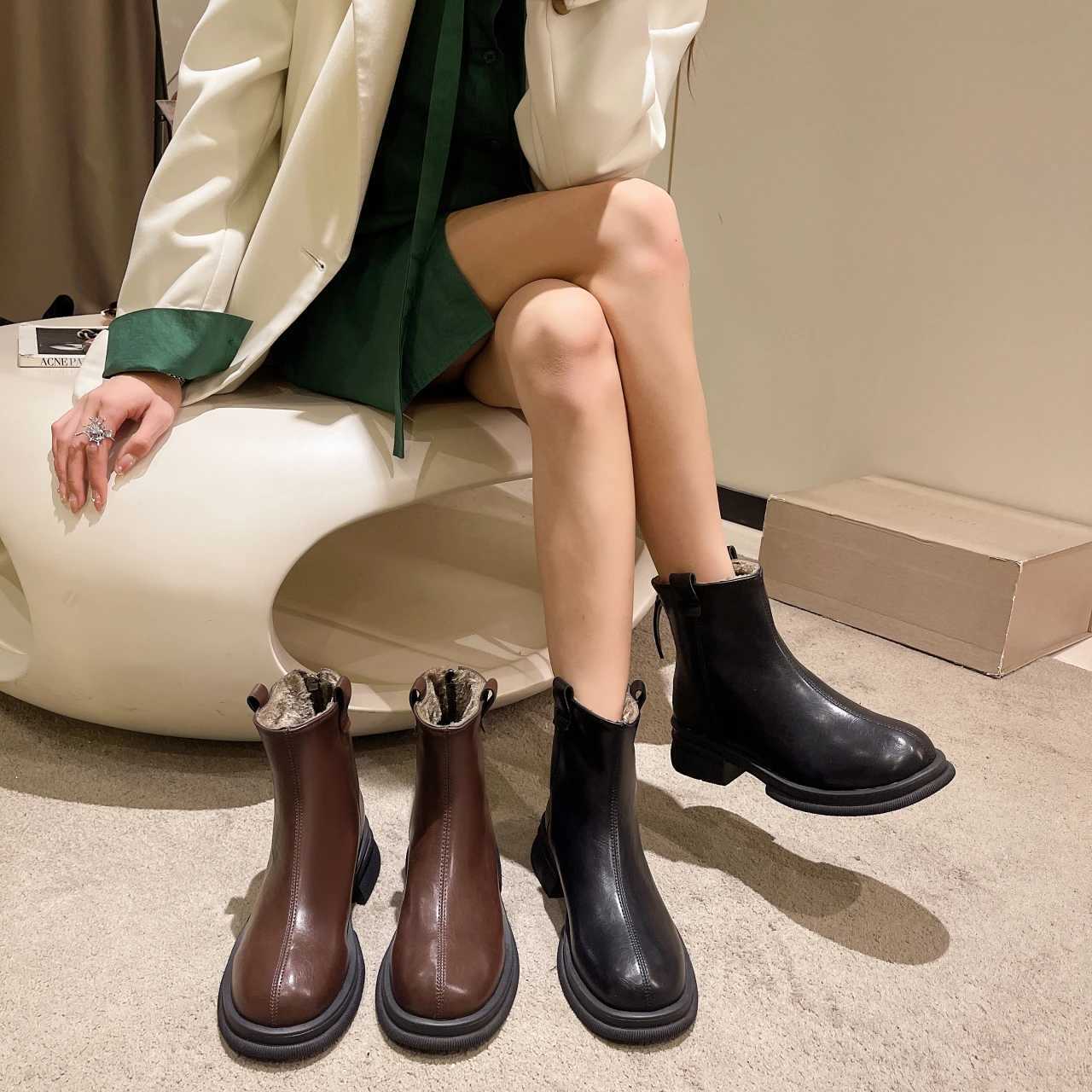 New Womens Ankle Boots Fashion Womens Square Heel Low Heel Shoes Womens Boots Leather Womens Low Heel Keep Warm Ankle Boots Q109 CL240906