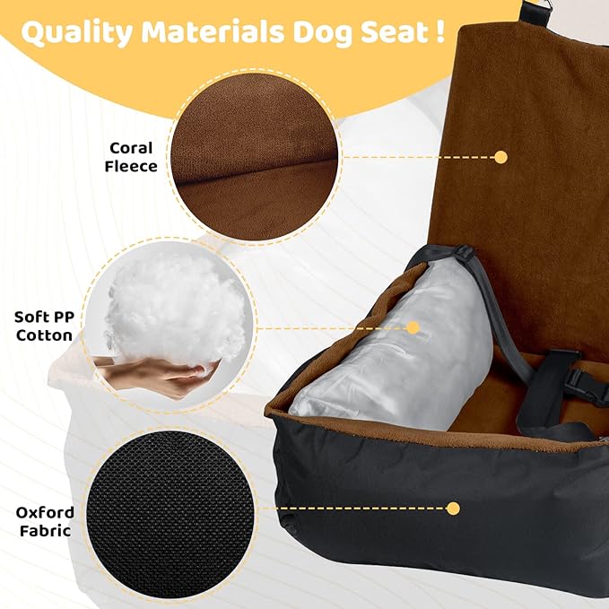 Dog Car Seat, Pet Car Seat with Storage Pockets and Clip-On Safety Leash, Washable Coral Fleece Booster Seat for Small Medium Dogs for Travel