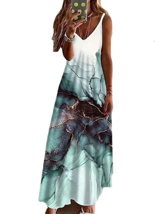 2023 Women's Summer V-neck Sexy A Version Long Loose Print Large Strap Dress