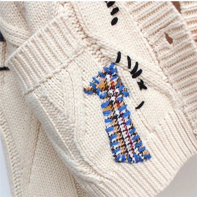 AutumnWinter Womens Open Top Warm Knitted Sweater Jacket Pocket Embroidered Fashion Coat Loose 240905
