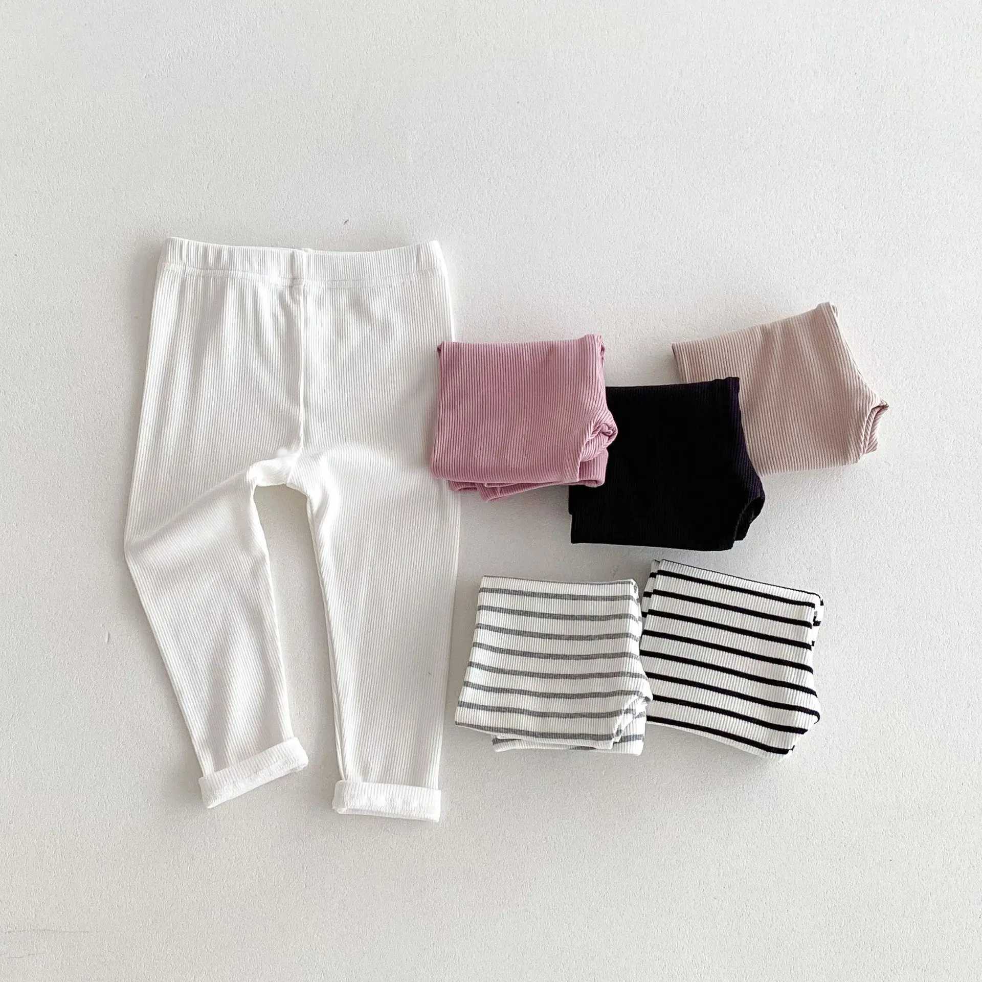 2024 Autumn New Children Solid Leggings Kids Tights Boys Girls Cotton Stretch Pants Striped Toddler Casual Versatile Trousers Y240906