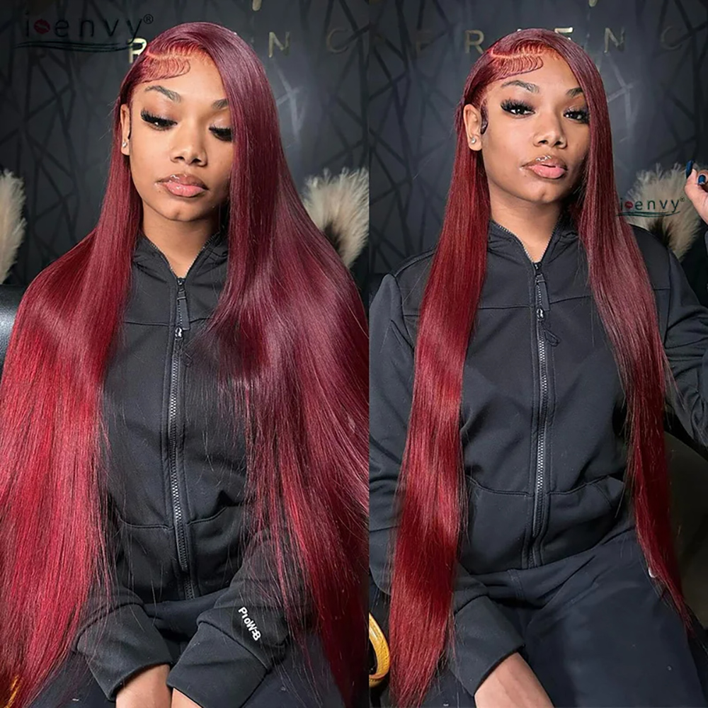 European, American and African black women's front lace wig parting long straight hair wine red synthetic wig set